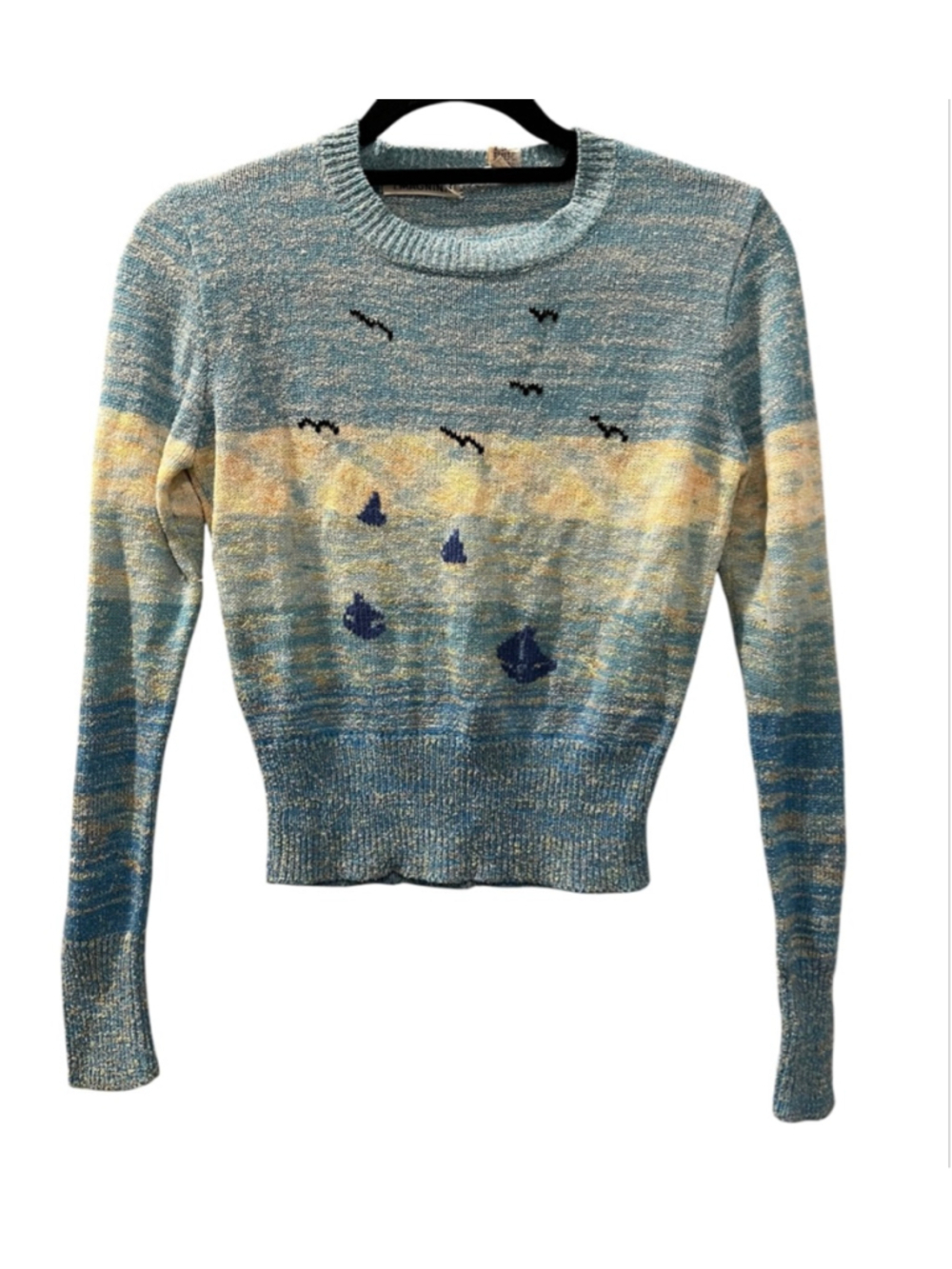 VTG 70s I Magnin Landscape Seascape Knit Sweater Crop Fitted Sailboat Small S